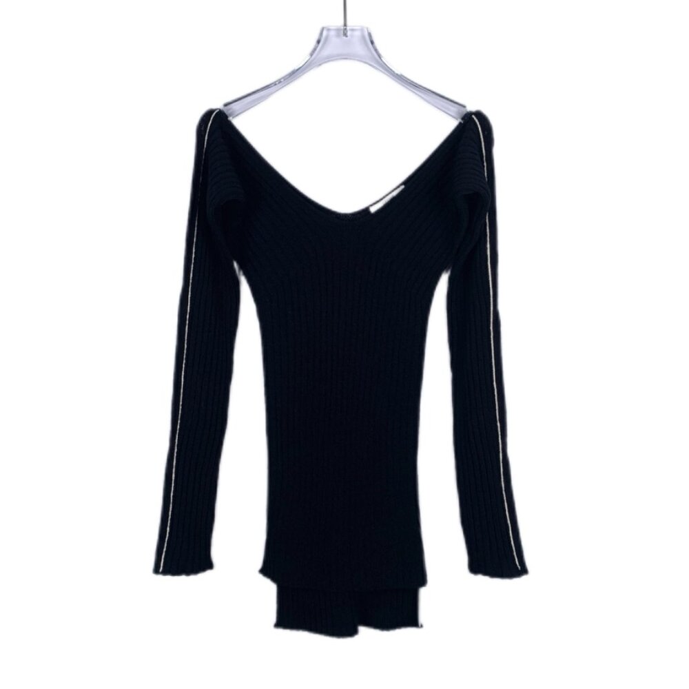 012302 Celine striped trim large V-neck black cotton sweater size S